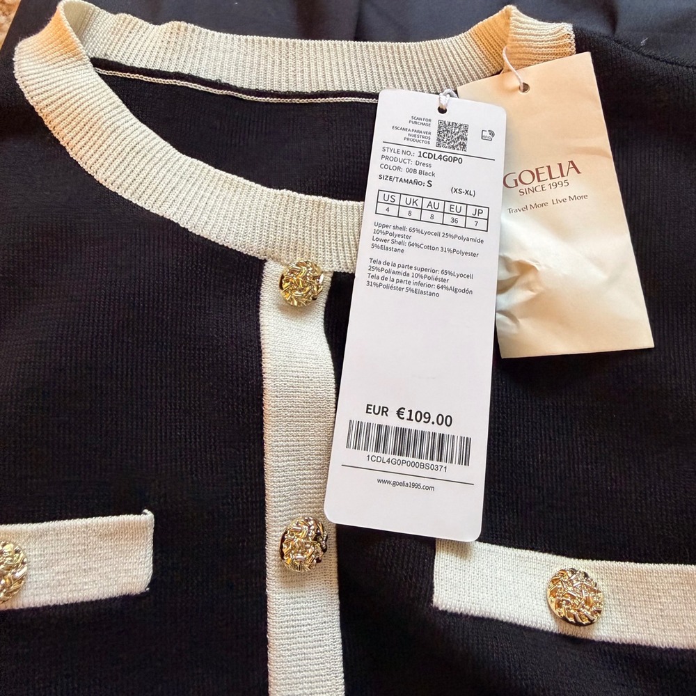 NWT Goelia Women's Black Knit Mixed Media Midi Dress Gold Buttons Sleeveless  S - Picture 8 of 11